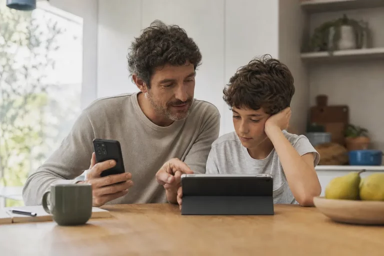Genitore e figlio controllano insieme le impostazioni di sicurezza su uno smartphone Android