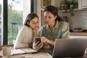 Genitore e figlio che parlano insieme di sicurezza e privacy sullo smartphone in casa