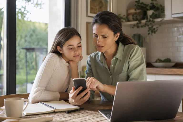Genitore e figlio che parlano insieme di sicurezza e privacy sullo smartphone in casa