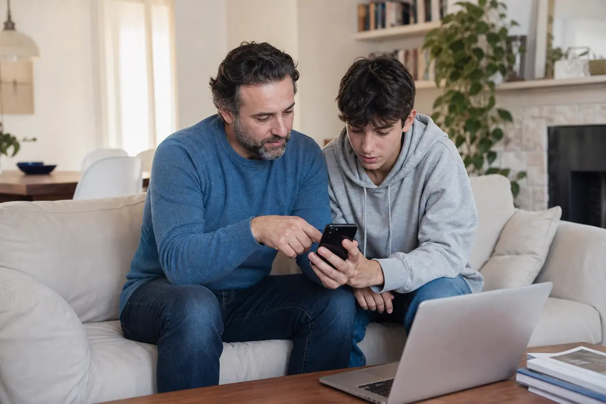Genitore e adolescente controllano insieme le impostazioni di privacy di Instagram su uno smartphone