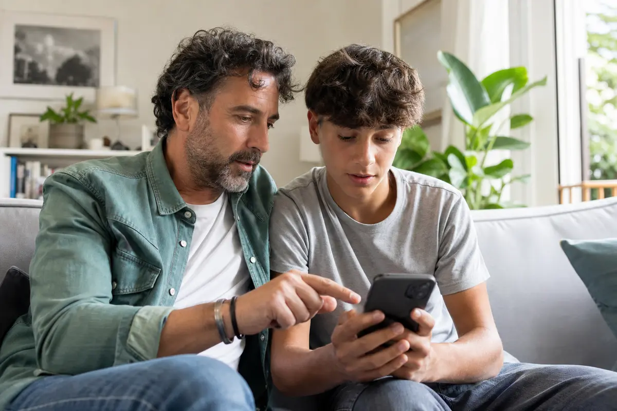 Genitore e adolescente che parlano insieme delle impostazioni di sicurezza su uno smartphone