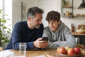 Genitore e figlio adolescente parlano con calma guardando uno smartphone in un ambiente domestico