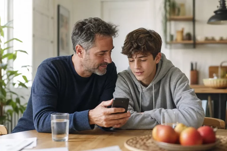 Genitore e figlio adolescente parlano con calma guardando uno smartphone in un ambiente domestico